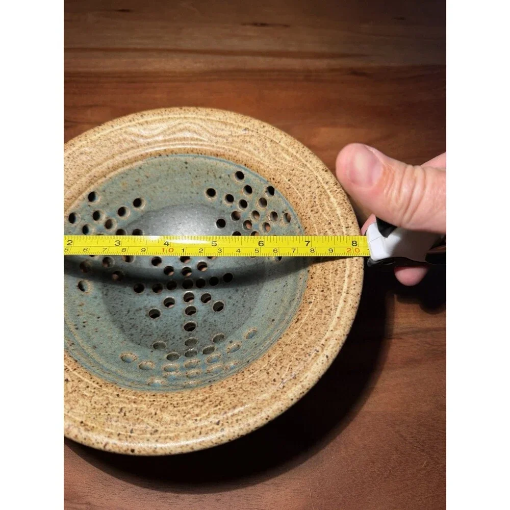 Paul Latos signed Speckled Ceramic Colander Berry Bowl, Tan/Blue, 8 in Diameter